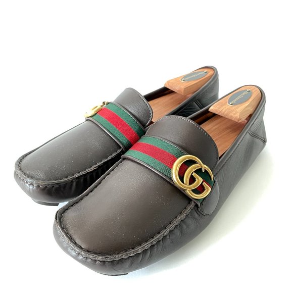 gucci leather driver with web brown